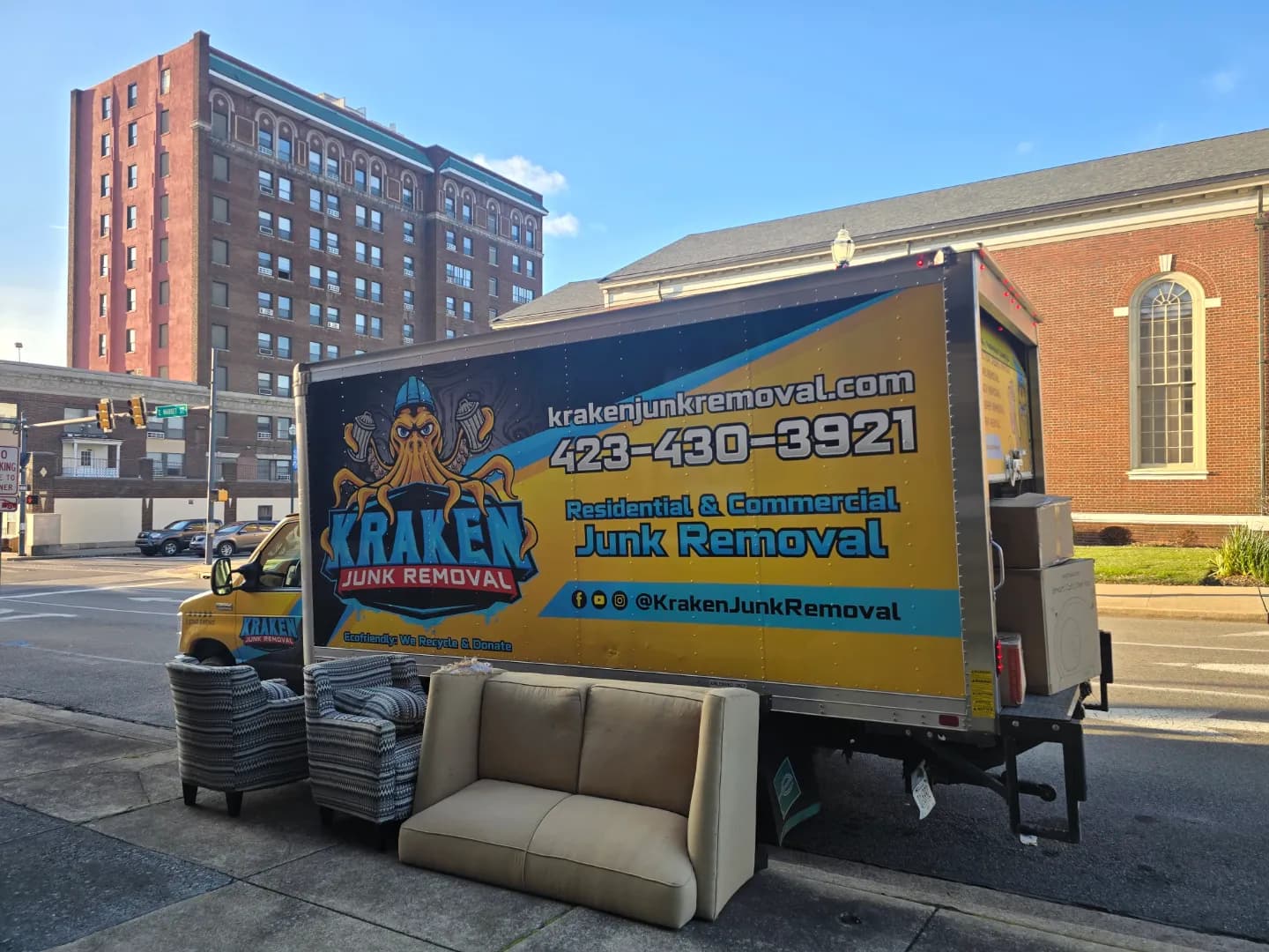 Kraken Junk Removal truck in downtown Johnson City, TN ready for junk removal service