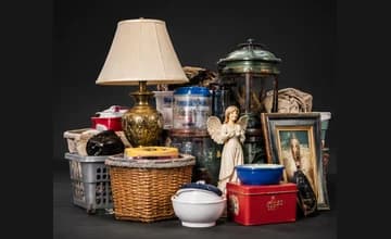 Table lamp, laundry basket, storage containers, framed picture, and other household goods
