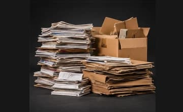 Stacks of newspapers and magazines beside cardboard boxes