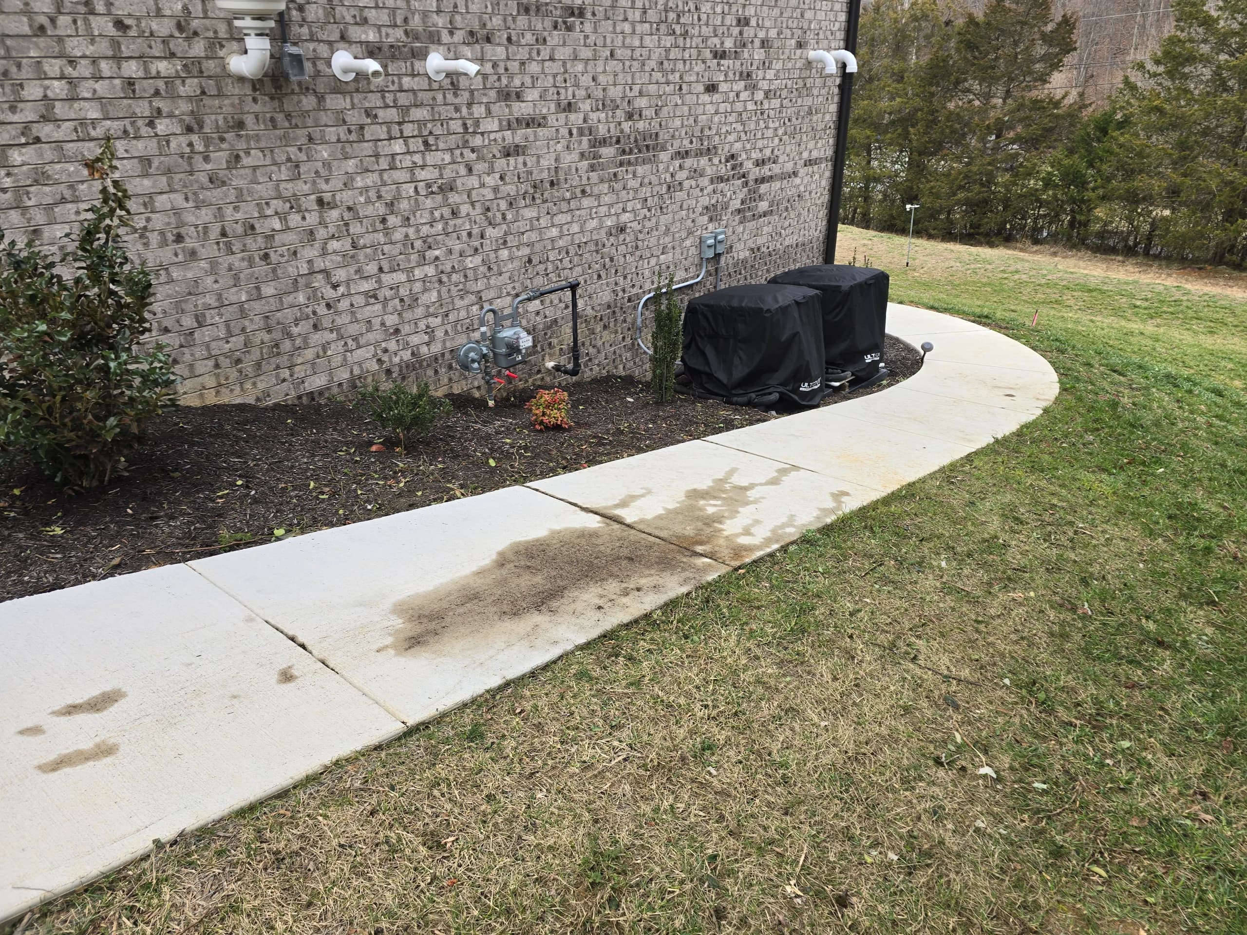 Cleared sidewalk and mulch bed beside a brick building after yard debris removal
