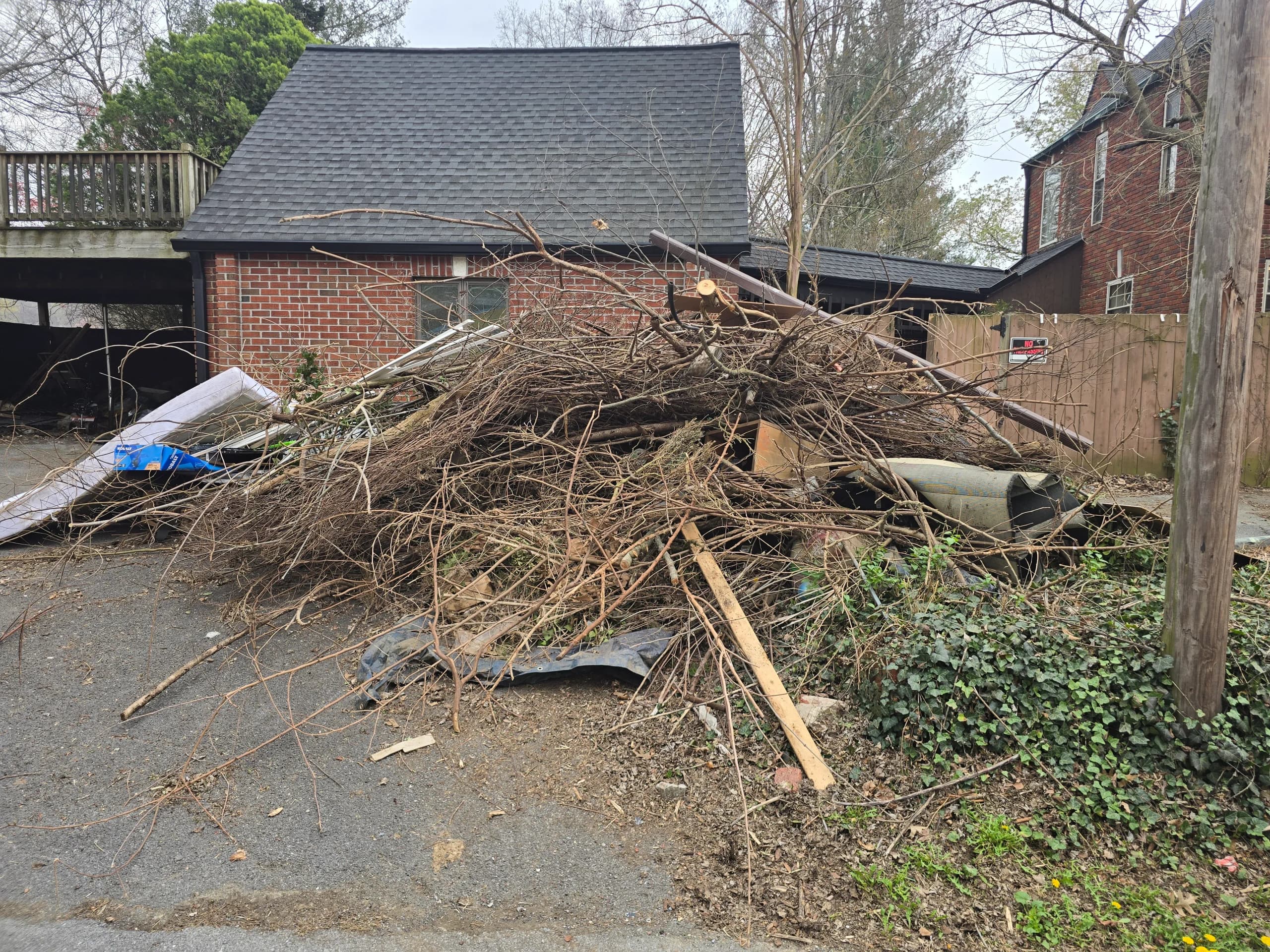 Large pile of branches and mixed debris on an asphalt driveway before yard waste removal