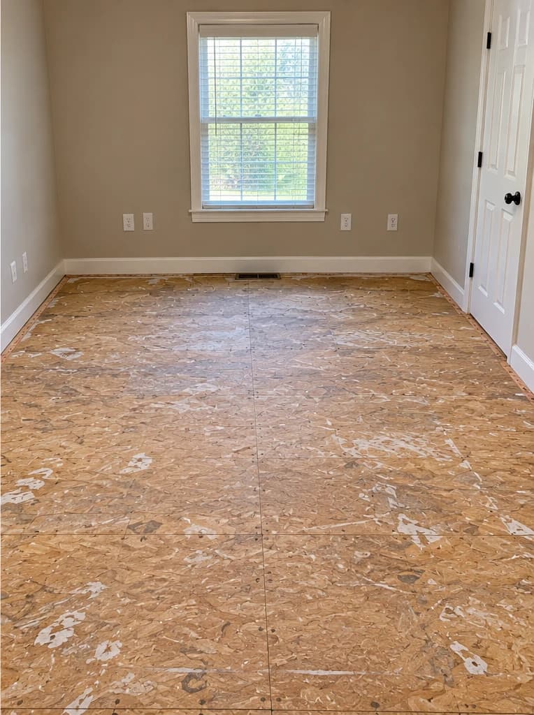 AI-generated illustration of the same room after the carpet is removed, with the subfloor exposed. Not a Kraken Junk Removal job.