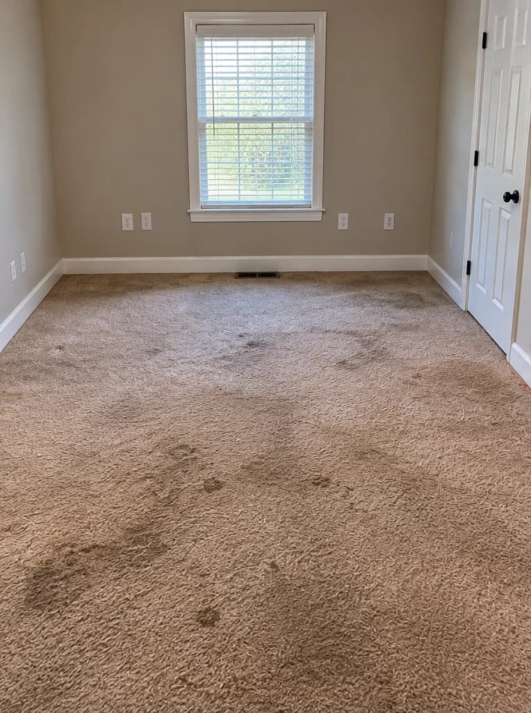 AI-generated illustration of a room with stained wall-to-wall carpet. Not a Kraken Junk Removal job.