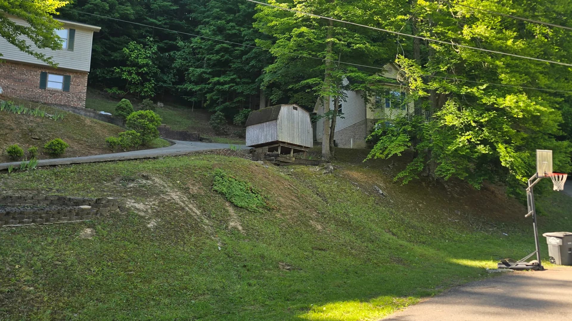 Steep residential hillside with a sloped driveway, grassy embankment, and a wooden shed among trees