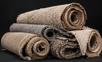 Four rolls of worn beige and gray carpet stacked on a dark background