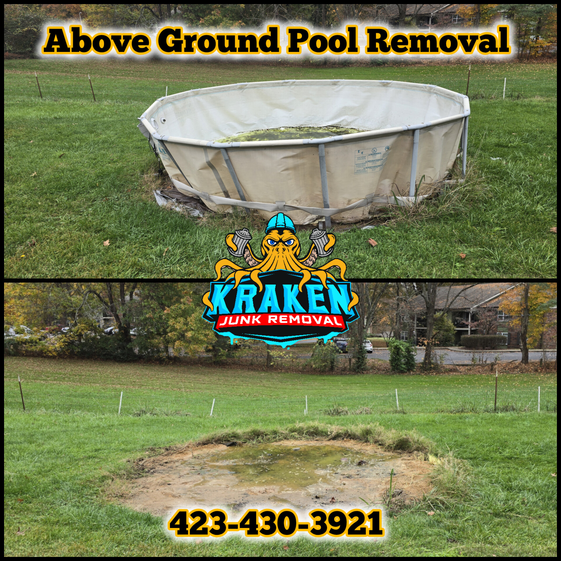 Above ground pool removal by Kraken Junk Removal.