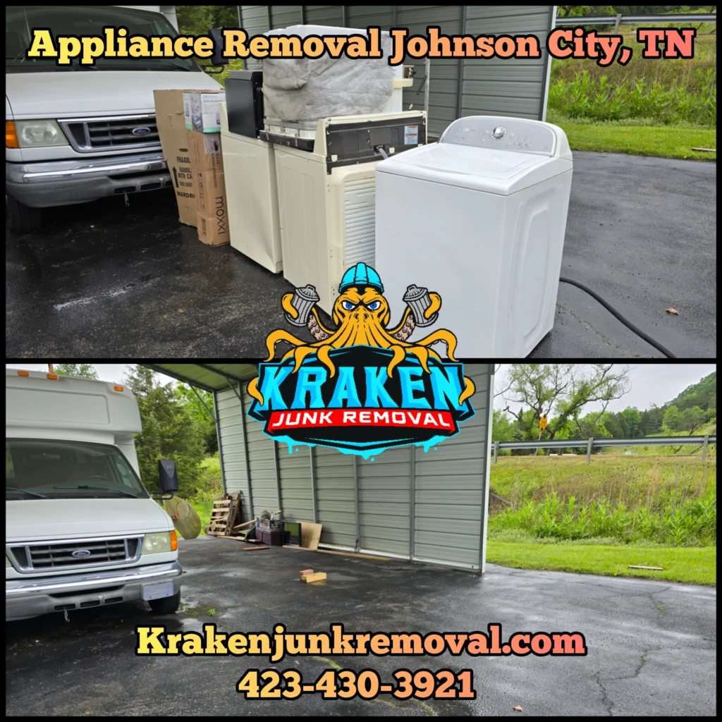 Appliance removal service showcasing an old washer, dryer, and freezer in Johnson City, TN, handled by Kraken Junk Removal.