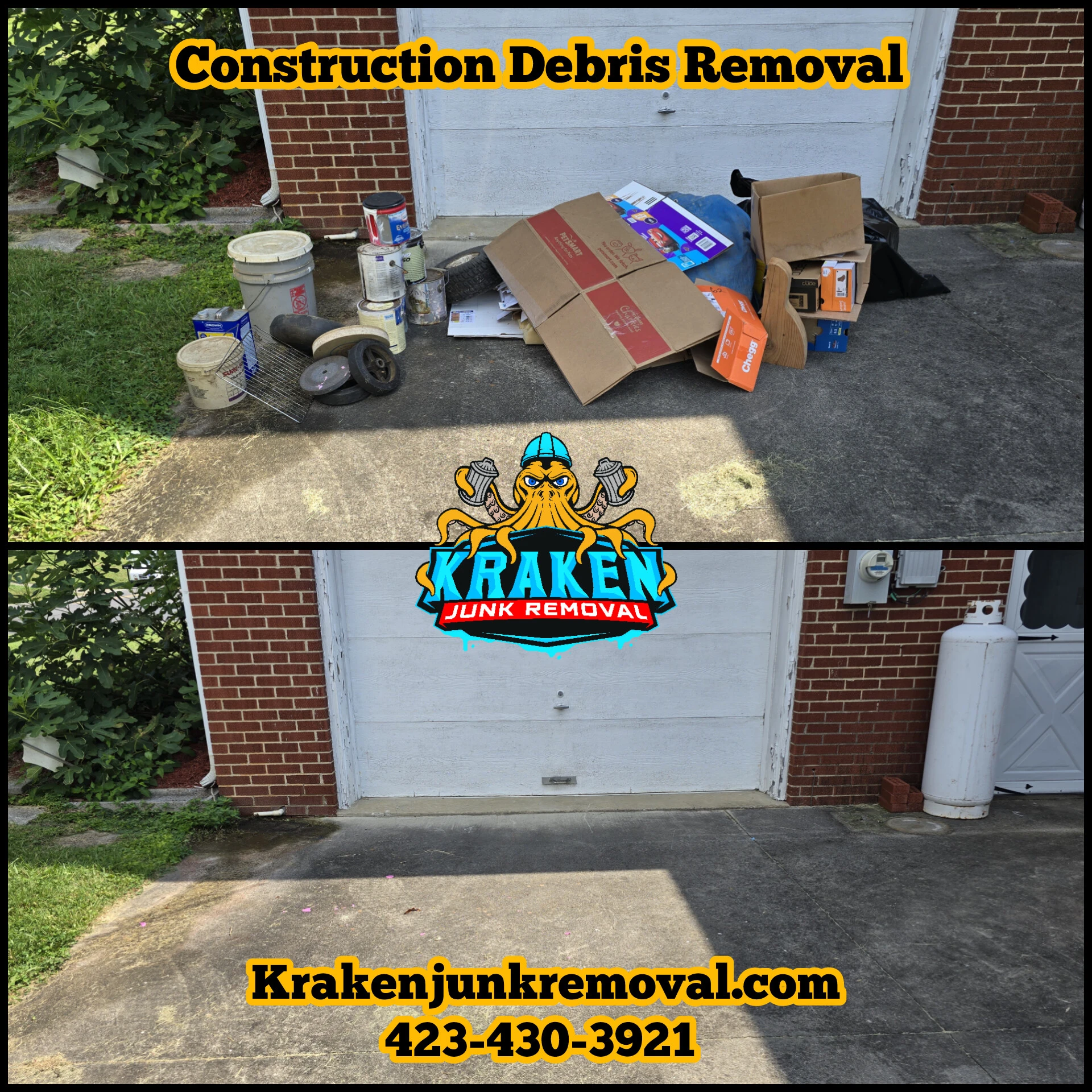 Construction debris removal service in Tri-Cities, TN with wood planks and materials ready for disposal.