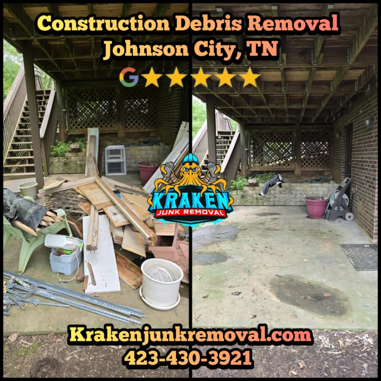 Construction debris removal in Johnson City, TN, with Kraken Junk Removal clearing wood and building materials.