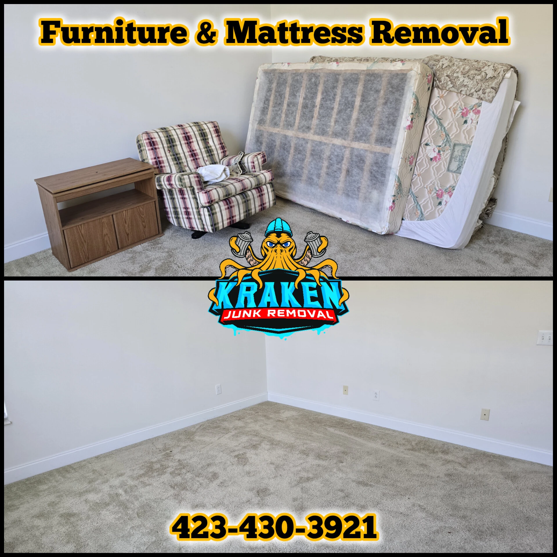 Furniture and mattress removal service in Tri-Cities, TN featuring a couch, chair, and mattress.