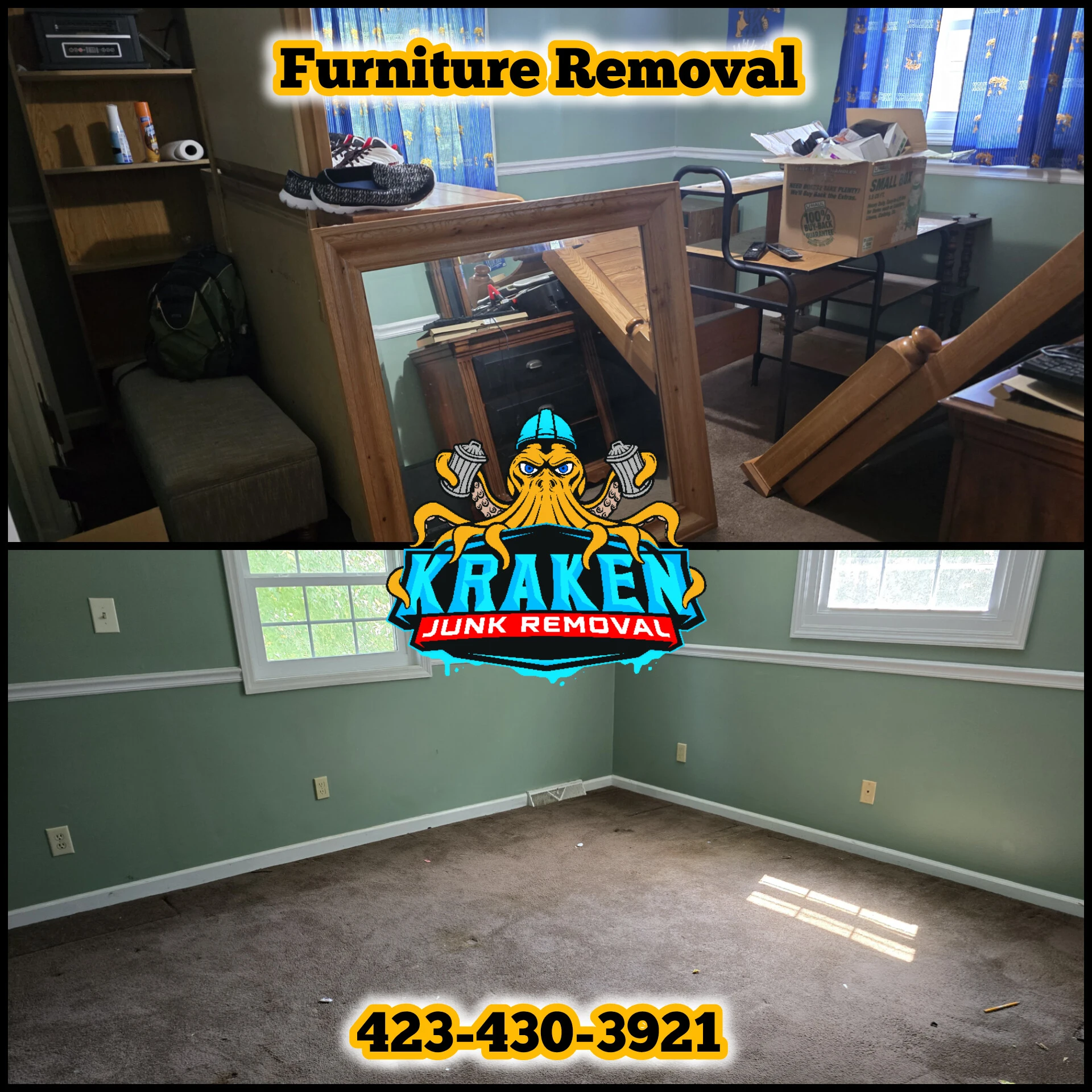 Furniture removal service featuring couches and chairs cleared out in Tri-Cities, TN, by Kraken Junk Removal.