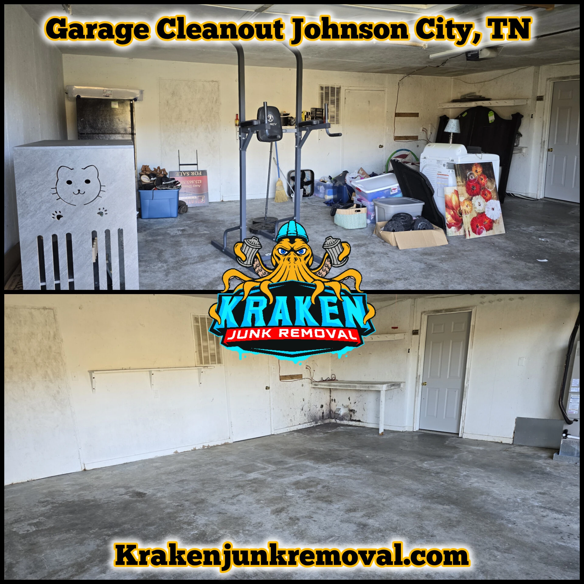 Garage cleanout service in Johnson City, TN, showcasing a newly cleared space by Kraken Junk Removal.