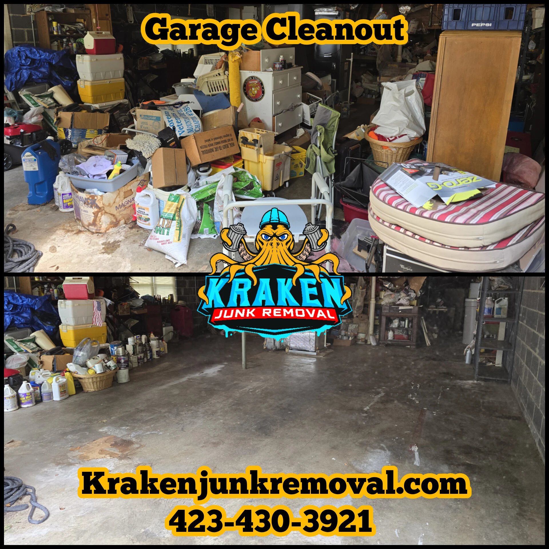 Garage cleanout service in Tri-Cities, TN showcasing a cluttered garage filled with various items.