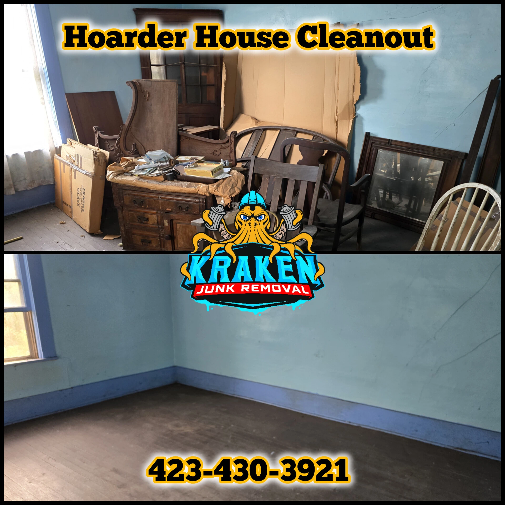 Hoarder house cleanout in Johnson City, TN, with Kraken Junk Removal removing clutter efficiently.