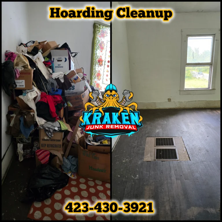 Hoarding cleanup services in Tri-Cities, TN featuring a cluttered room with various belongings.