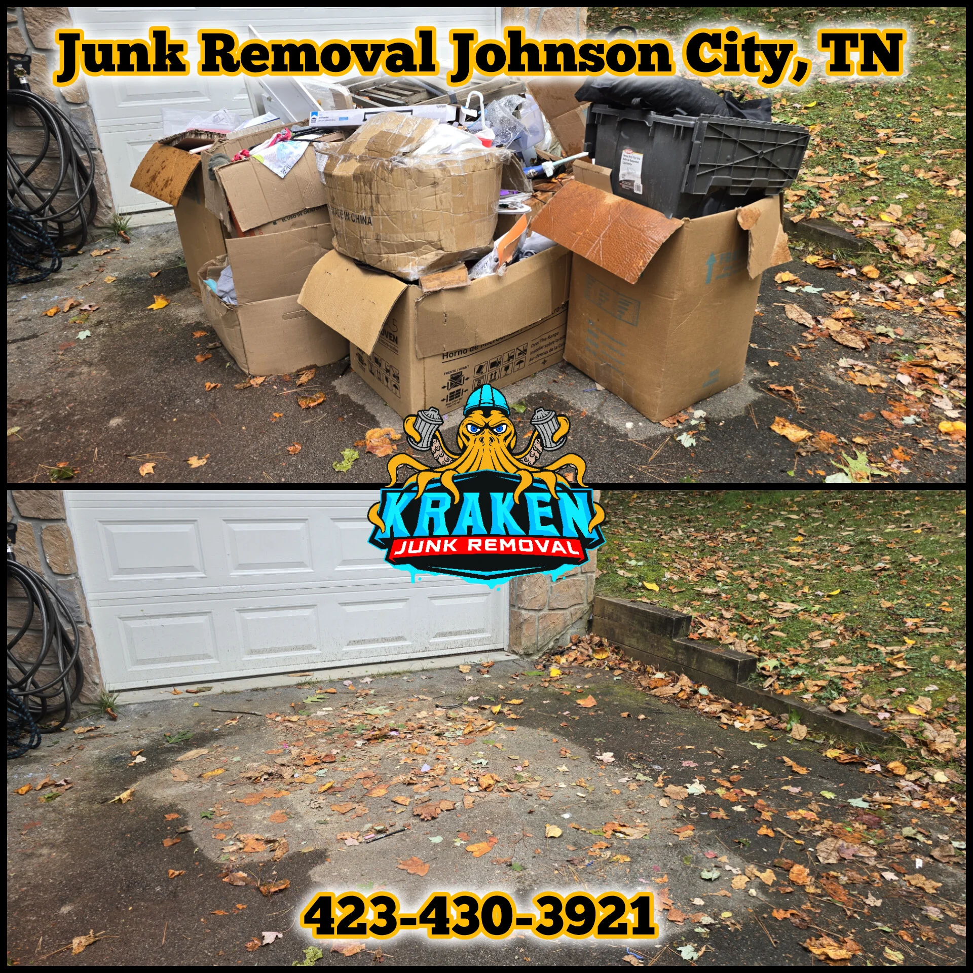 Junk removal service in Johnson City, TN showing bags and boxes of discarded items.