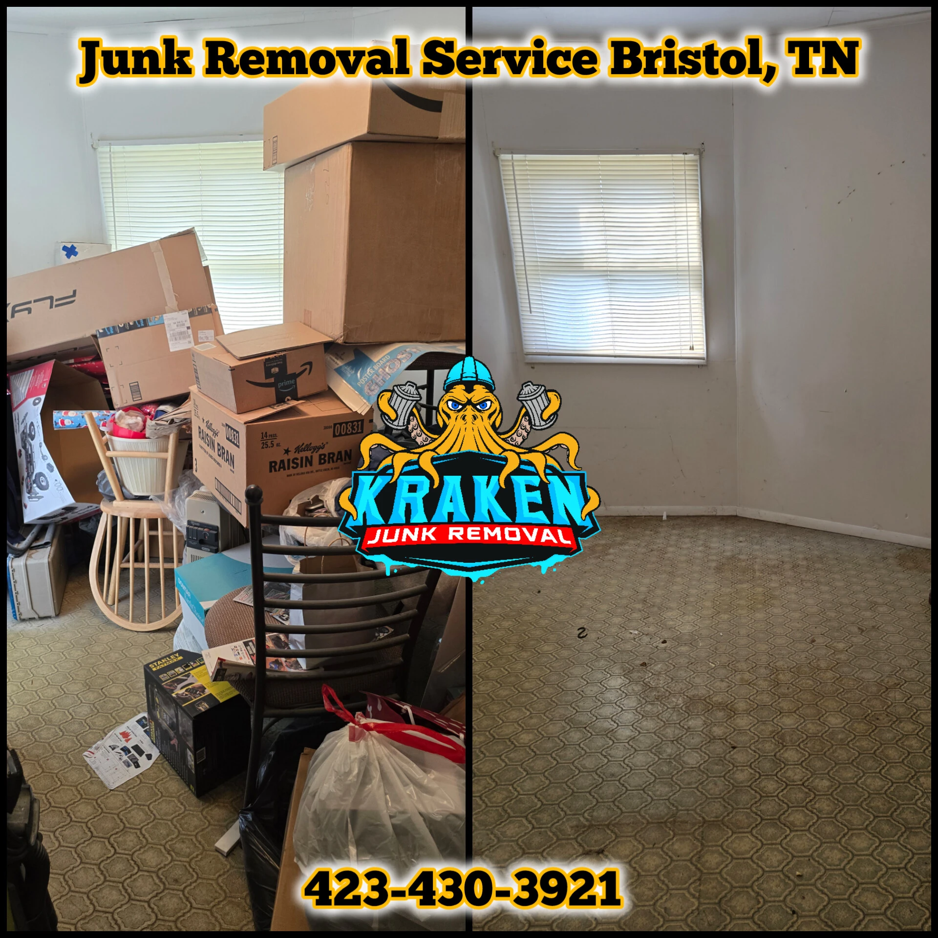 Junk removal service in Bristol, TN showcasing cardboard boxes and miscellaneous items.