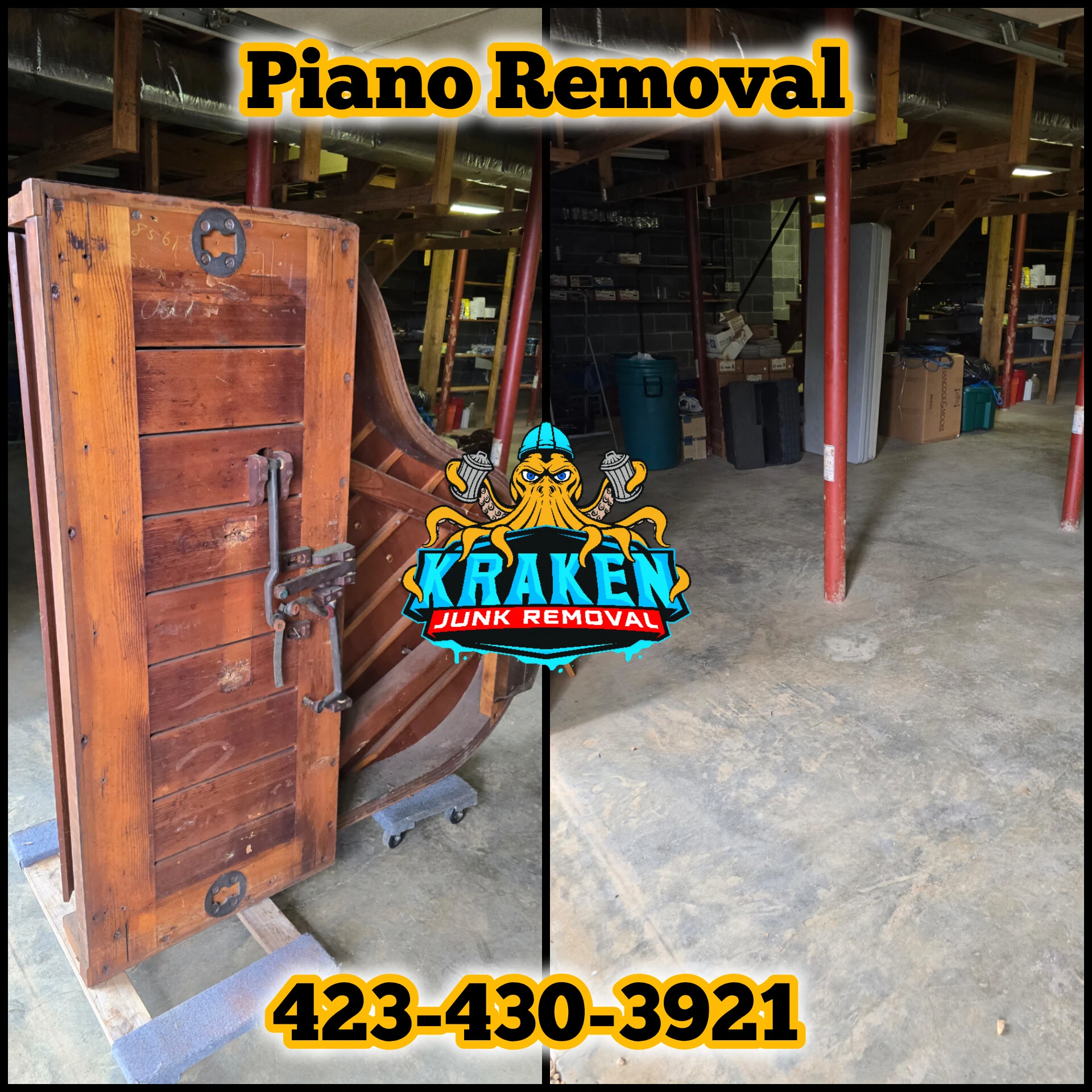 Piano removal service in Tri-Cities, TN, expertly handled by Kraken Junk Removal.