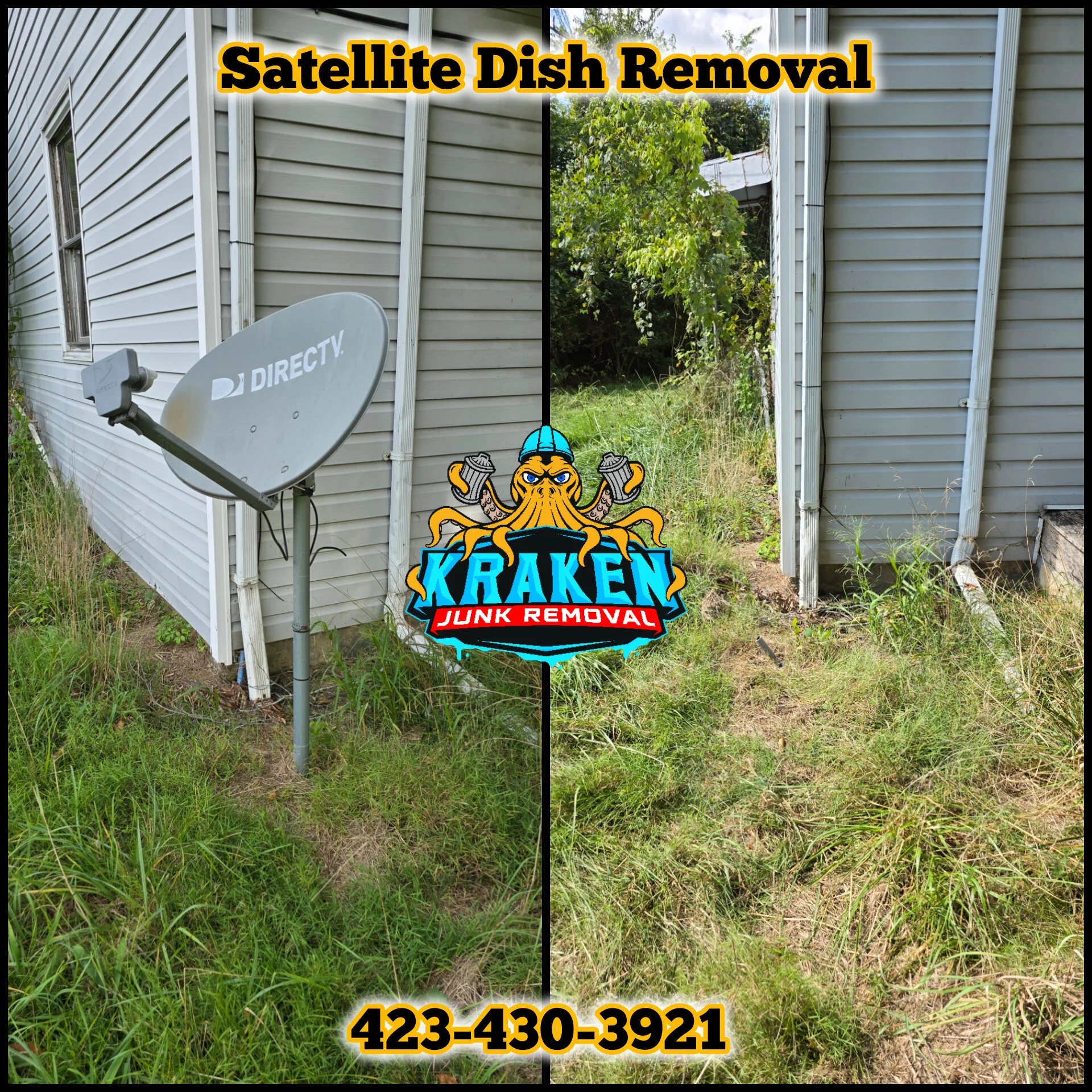 Satellite dish removal service in Tri-Cities, TN with Kraken Junk Removal logo and contact information.