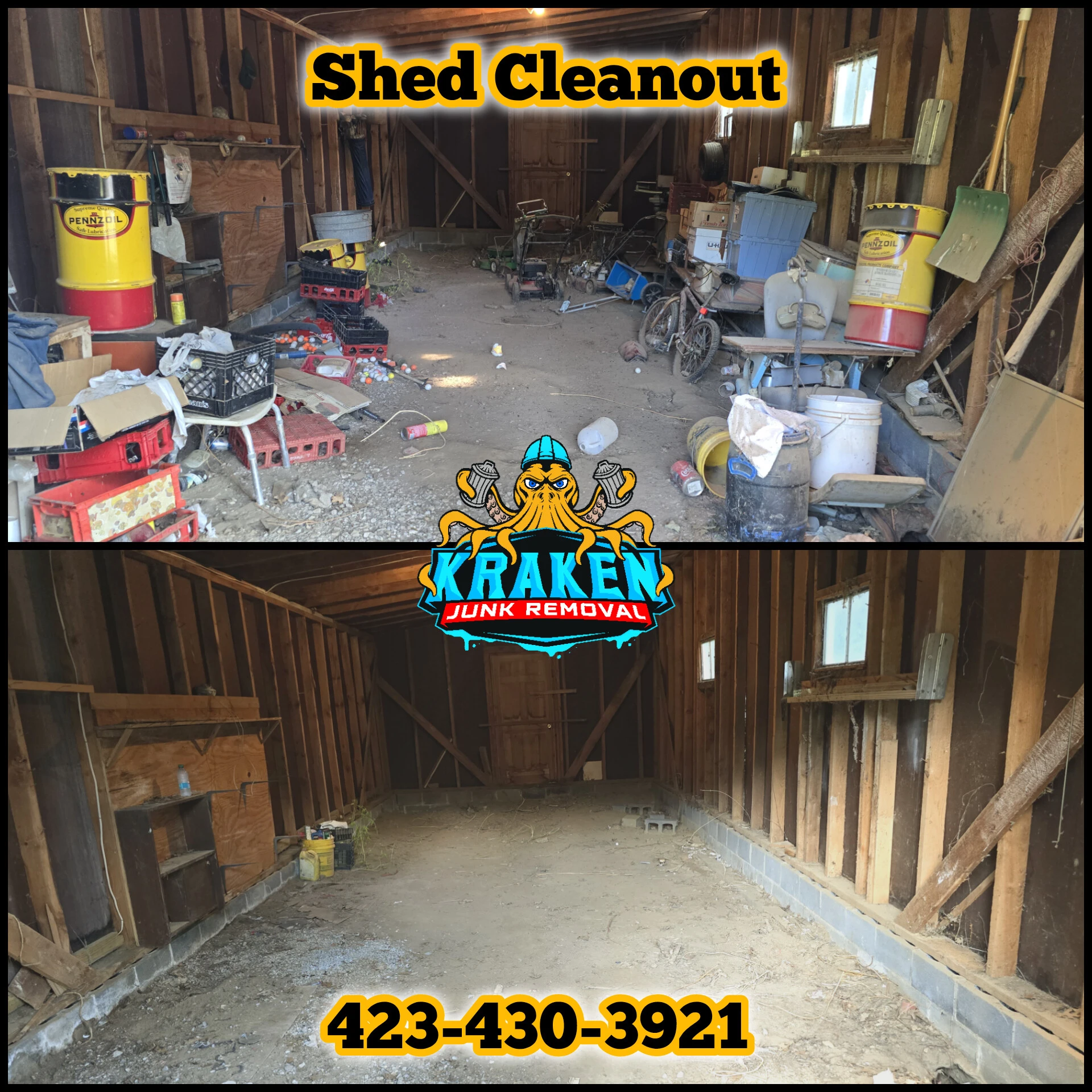 Shed cleanout in Tri-Cities, TN, showcasing a cleaned and organized shed by Kraken Junk Removal.