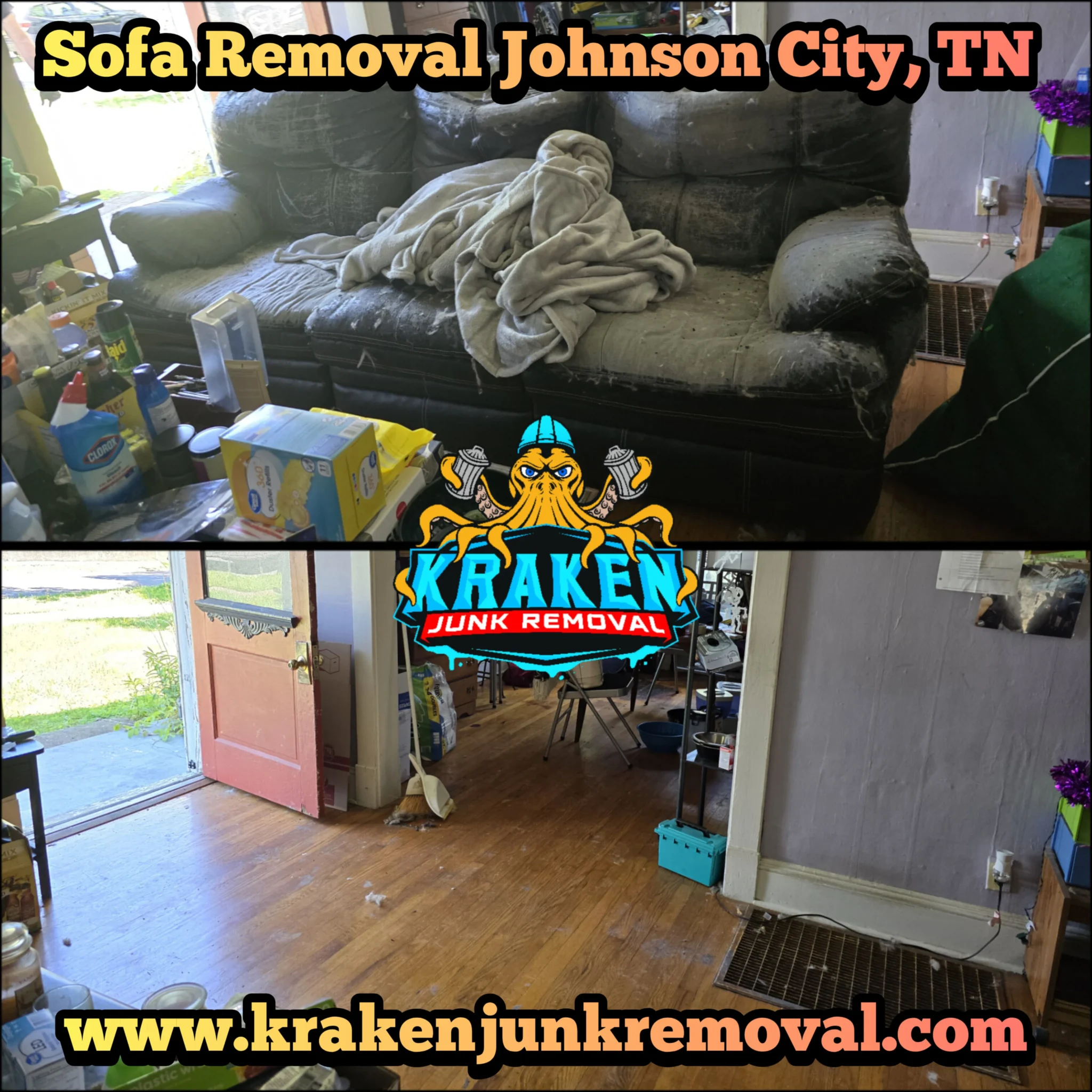 Sofa removal service in Johnson City, TN by Kraken Junk Removal with logo and contact details.