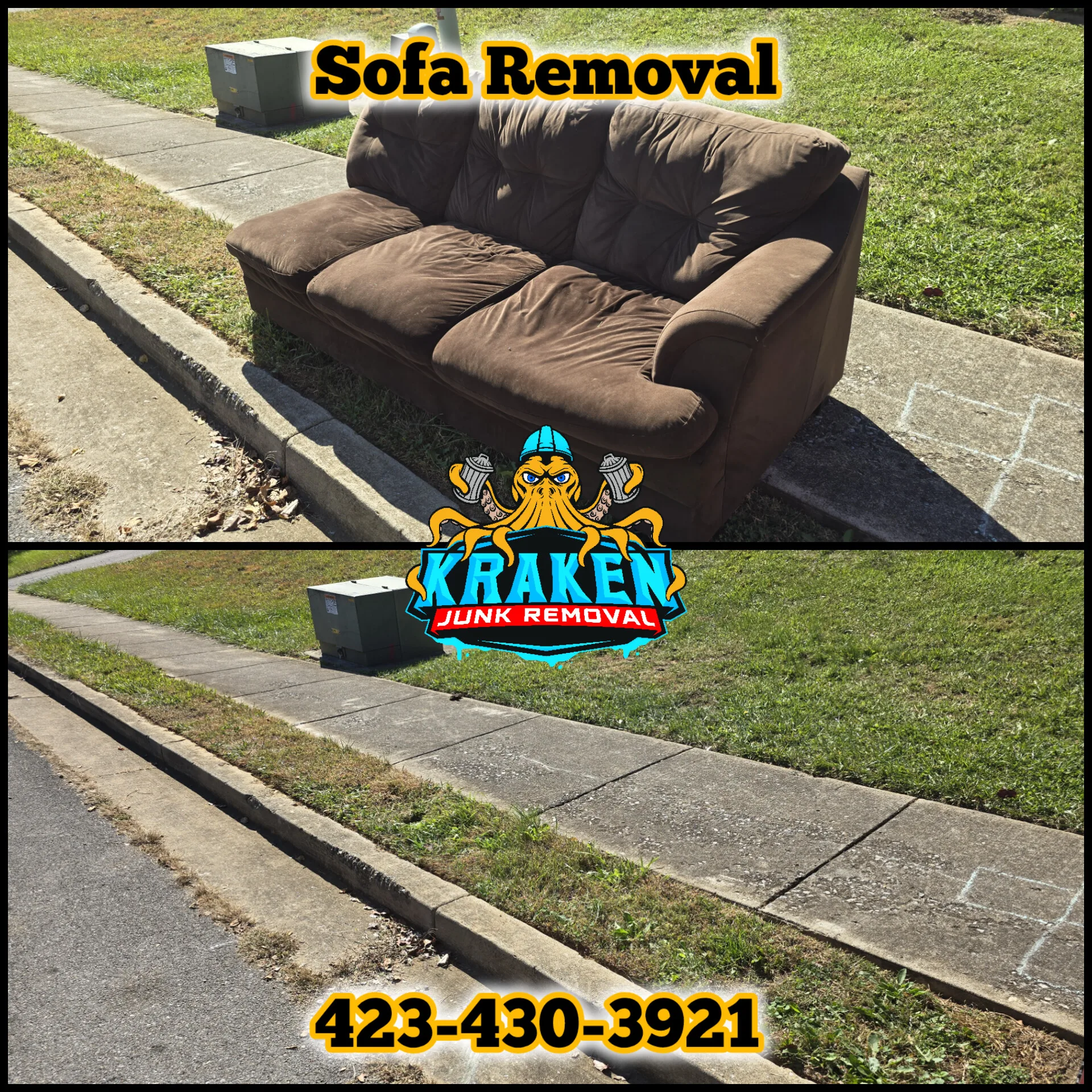 Sofa removal service in Tri-Cities, TN by Kraken Junk Removal with a couch placed on the curb.