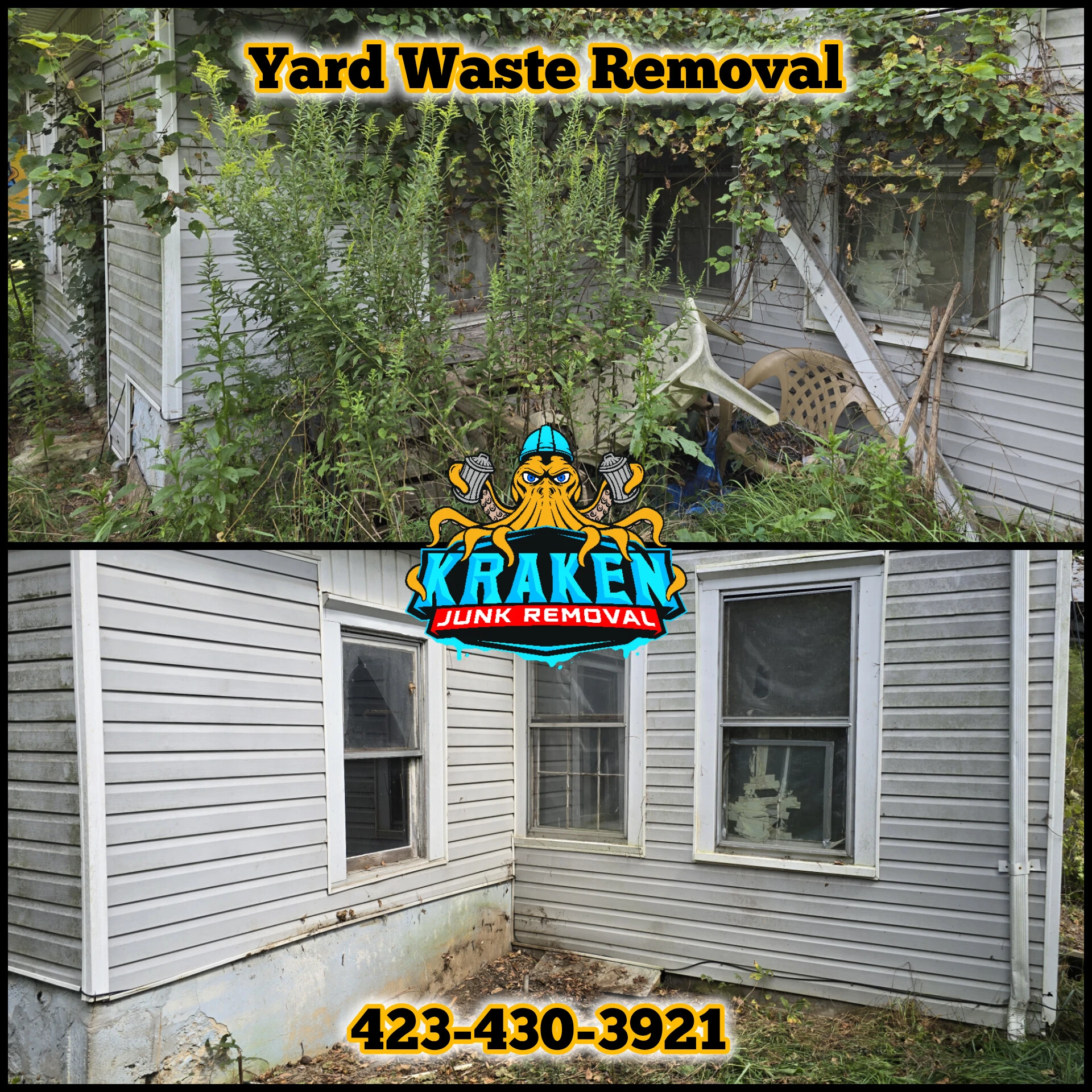 ard waste removal service in Tri-Cities, TN, showcasing debris cleared from a backyard by Kraken Junk Removal.