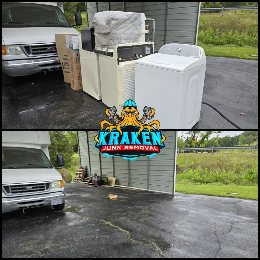 Efficient appliance removal services in Afton, TN by Kraken Junk Removal, offering fast and eco-friendly disposal solutions for outdated or broken appliances like washing machines, dishwashers, dryers, water heaters, ac units, microwaves, stoves, ovens, and more.