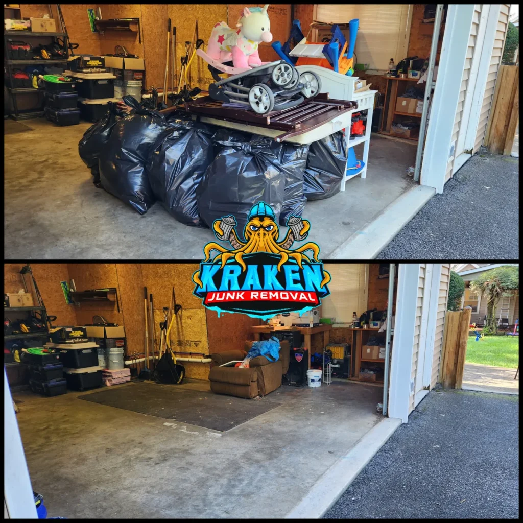 Before and after cleanout in Jonesborough, TN by Kraken Junk Removal. We provide estate clean outs, shed clean outs, mobile home clean outs, apartment clean outs basement clean outs, and more.