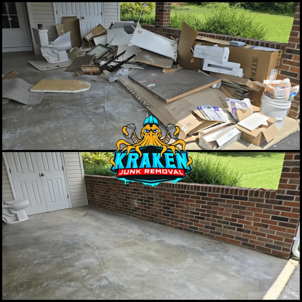 Professional construction debris removal in Afton, TN by Kraken Junk Removal, specializing in the efficient clearing and disposal of construction waste for a cleaner, safer job site.