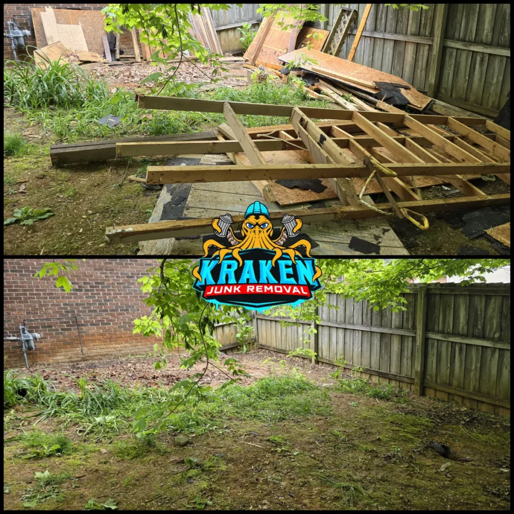 Before and after photos of an construction debris removal job in Oak Grove, TN by Kraken Junk Removal.