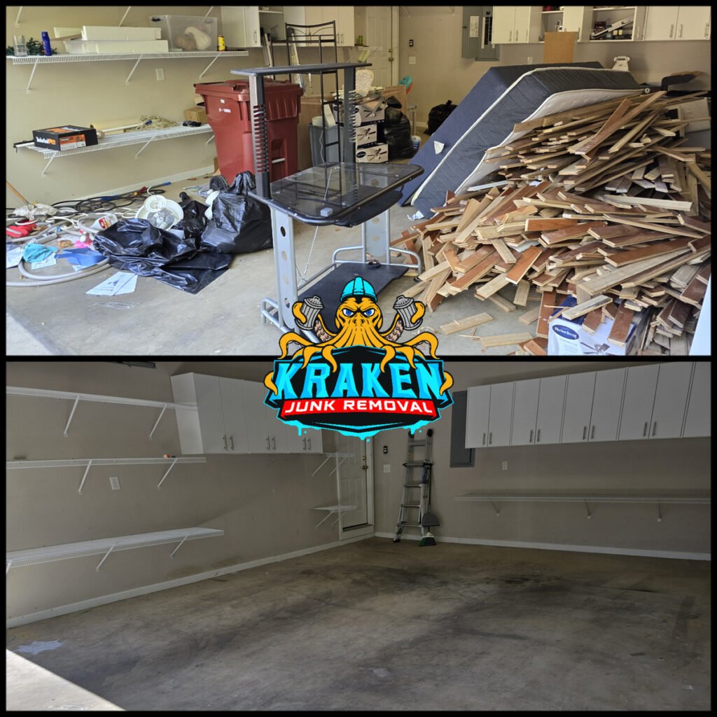 Local debris removal service near me in Tri-Cities, TN by Kraken Junk Removal. We haul away and disposal debris such as wood, concrete, cardboard, pvc, drywall, scrap metal, yard waste and more.