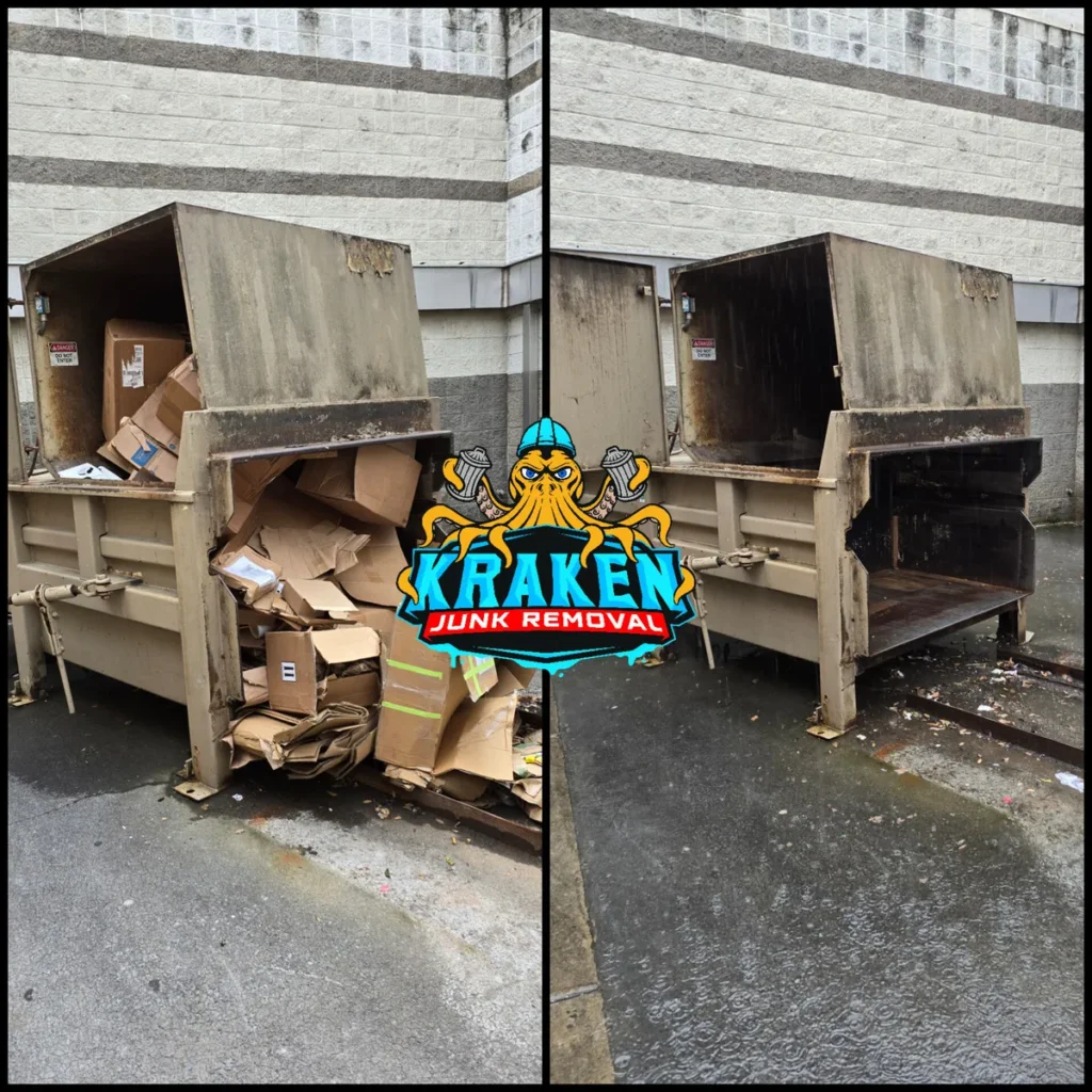 Before and after photos of a dumpster cleanup service by Kraken Junk Removal in Johnson City, TN. The left image shows the dumpster overflowing with cardboard and various debris. The right image shows the same dumpster clean and empty.