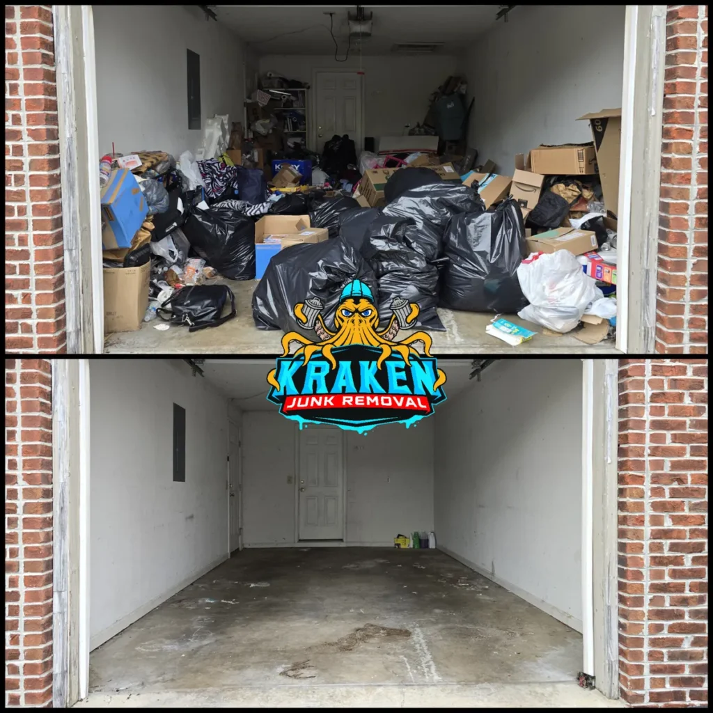 Comprehensive garage clean-out services in Afton, TN by Kraken Junk Removal, specializing in efficient removal and disposal of unwanted items, reclaiming your space professionally and responsibly.