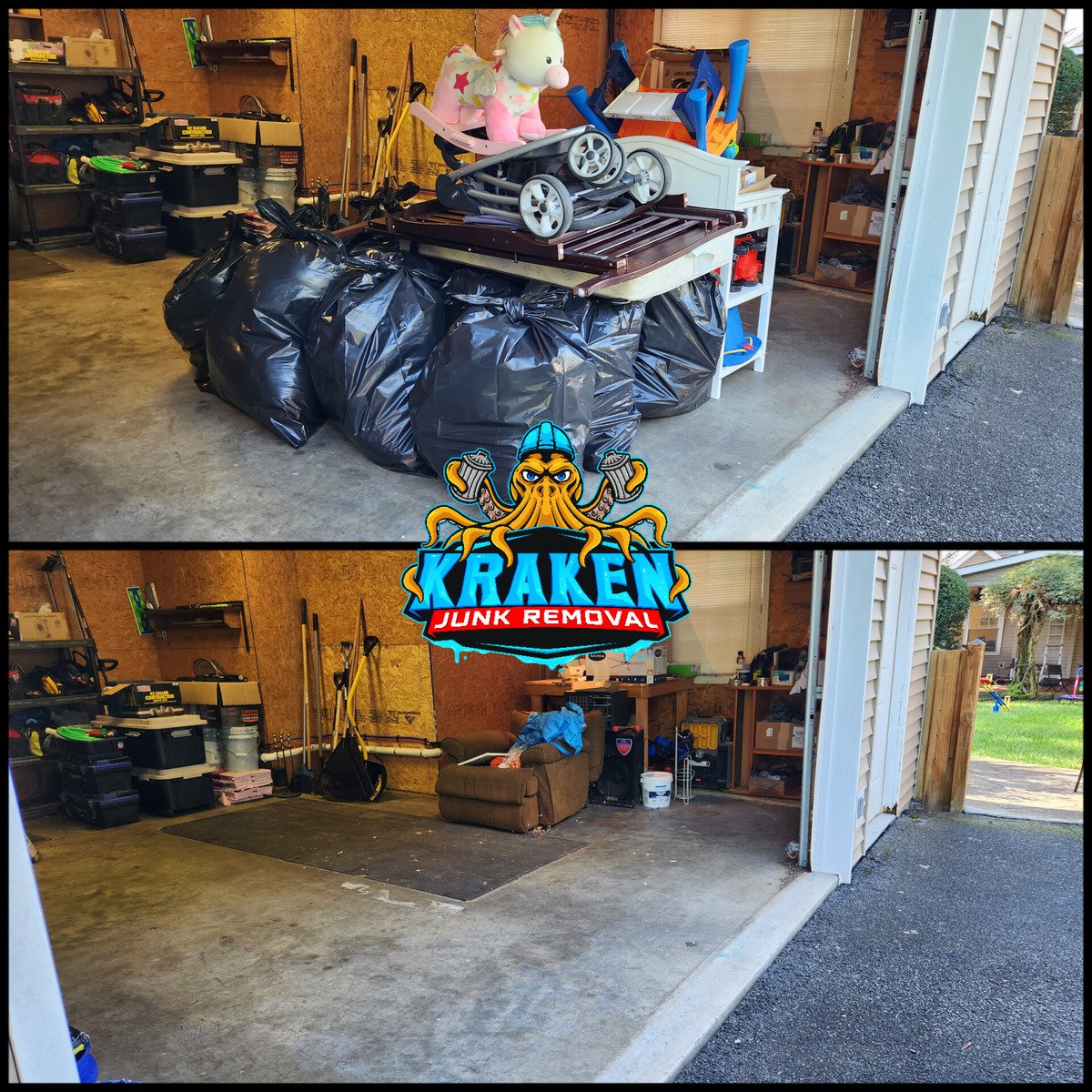 Before and after view of a cleanout in Chuckey, TN