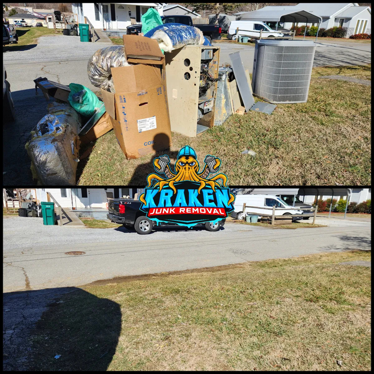 Bulk waste pickup in Gray, TN featuring a heavy air conditionerKraken Junk Removal truck